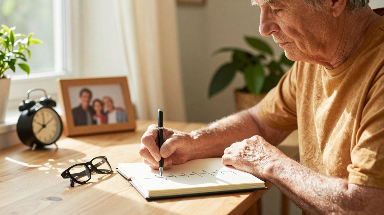 Homme âgé écrivant dans un carnet posé sur un bureau en bois, avec lunettes et photo de famille à côté.