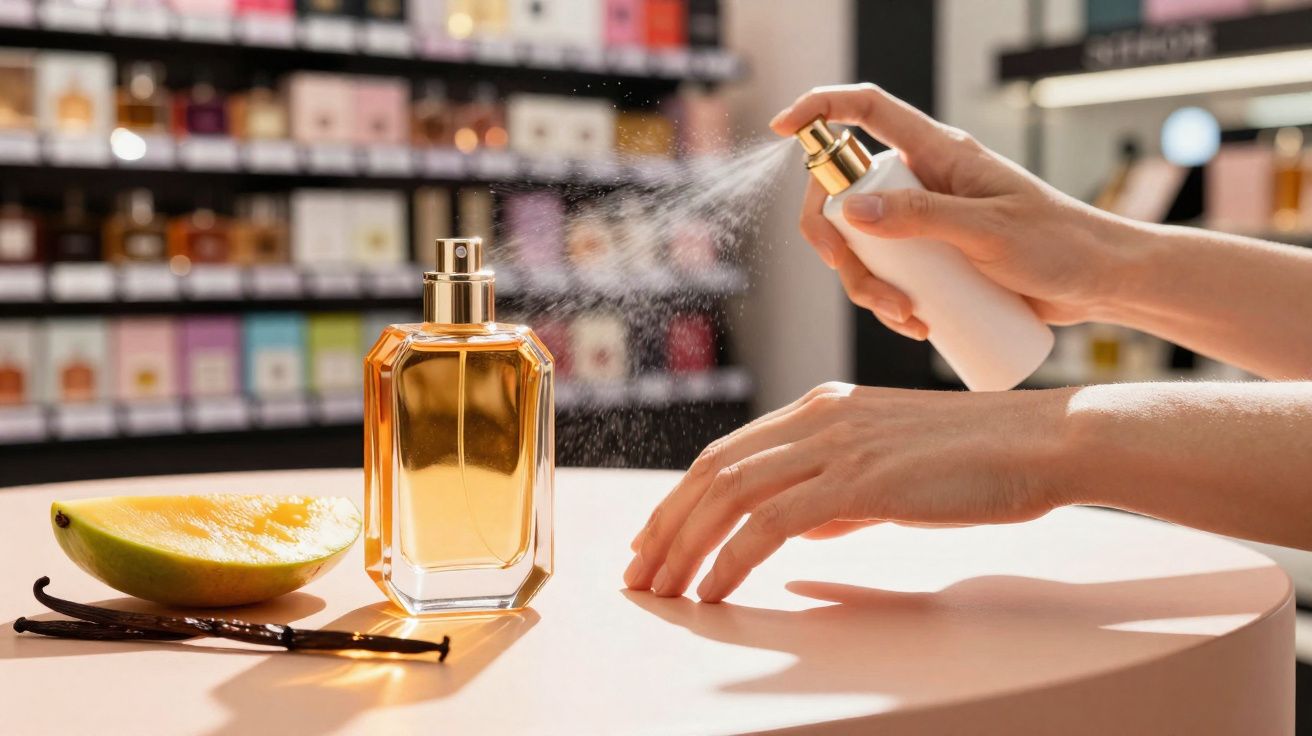 Une personne vaporise un parfum sur son poignet avec une bouteille dorée posée sur une table ronde.