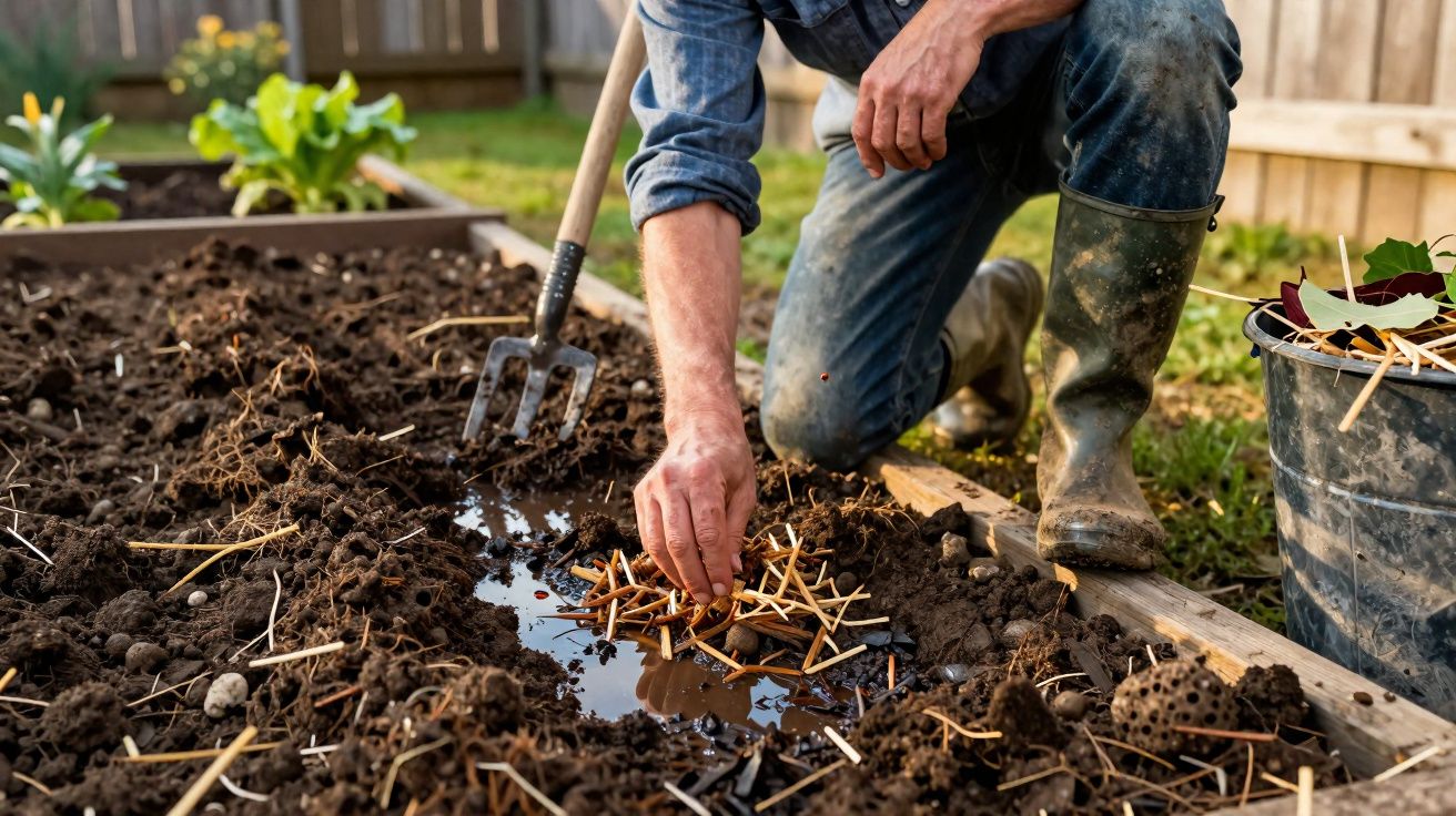 Personne en bottes de jardinage plante des graines dans un carré de terre humide avec un râteau à main.