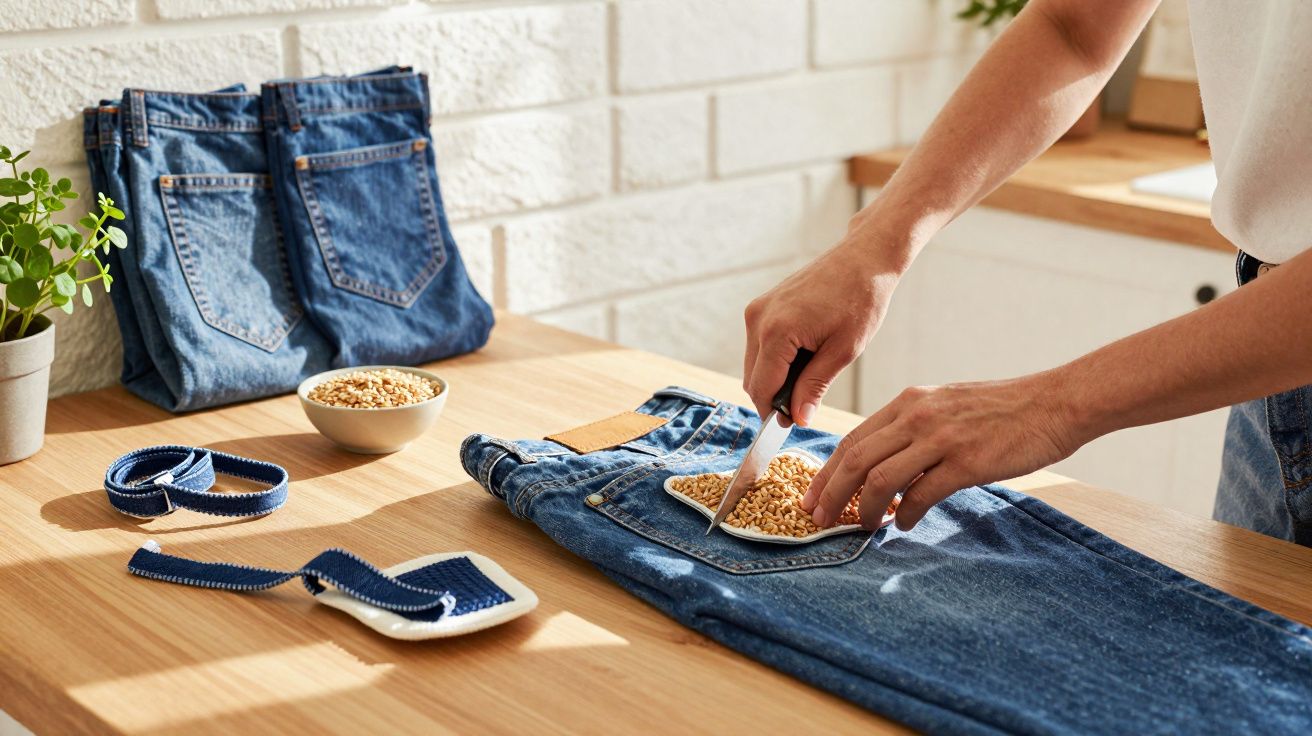 Personne découpe des céréales sur une poche de jean posé sur une table en bois clair.