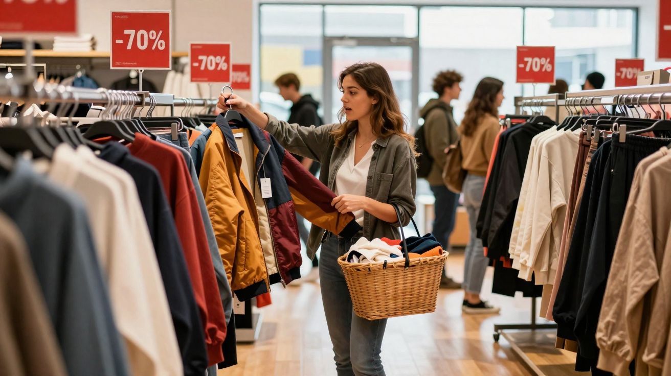 Femme en train de choisir une veste en solde à -70 % dans un magasin de vêtements.