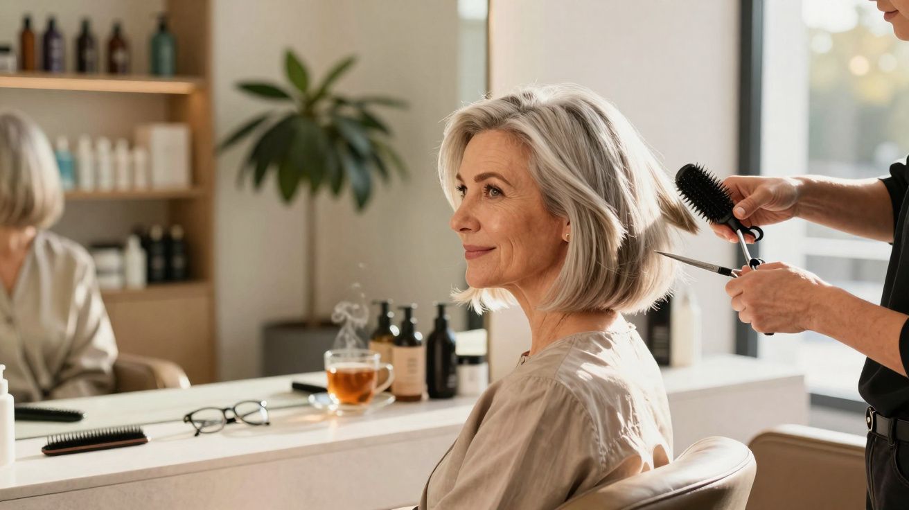 Femme mature souriante se faisant coiffer dans un salon moderne, ambiance chaleureuse et lumineuse.