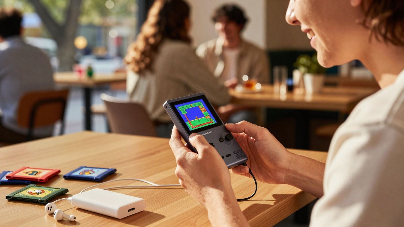 Personne jouant à un jeu vidéo rétro sur une console portable à une table, cartouches et écouteurs posés dessus.