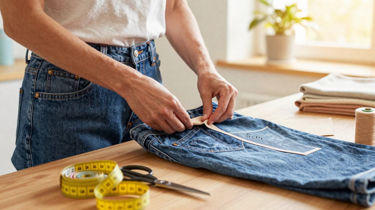 Personne mesurant un jean en denim avec un ruban à mesurer sur une table en bois claire.