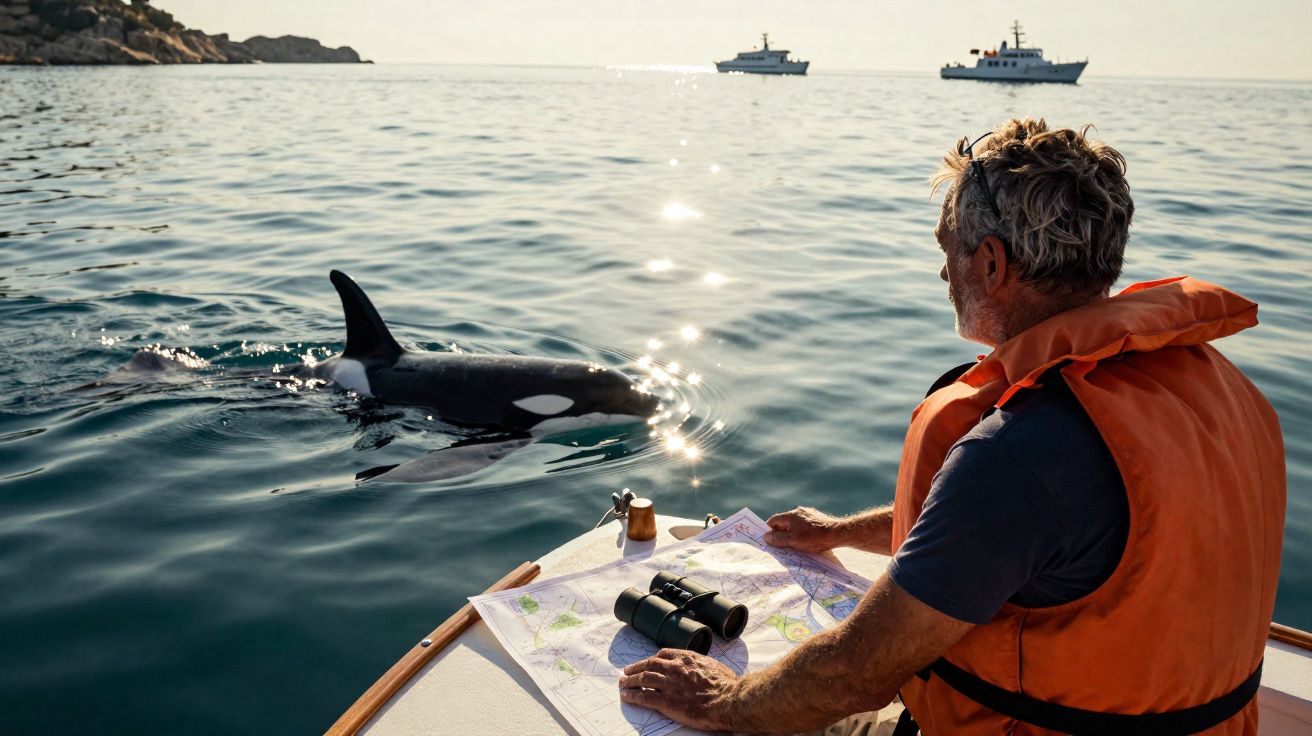 Homme en gilet de sauvetage sur un bateau observant une orque proche, mer calme et deux navires à l’horizon.