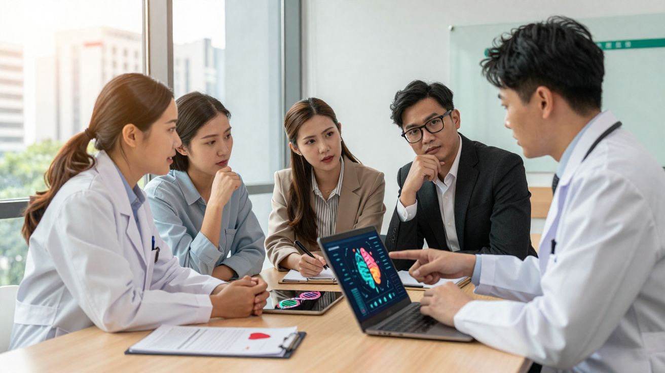Un groupe de professionnels discutant autour d'une table avec un écran d'ordinateur montrant un cerveau en 3D.