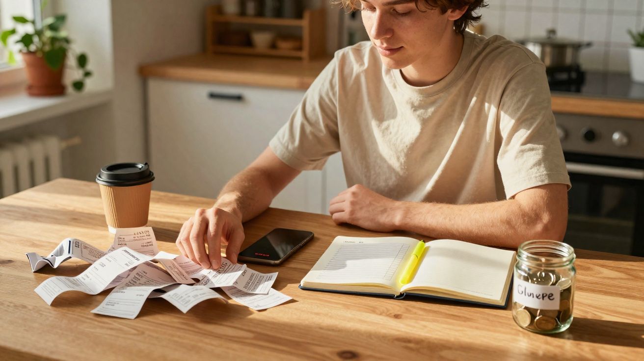 Jeune homme organise des reçus sur une table avec un carnet, un smartphone, un pot à économie et un café à emporter.