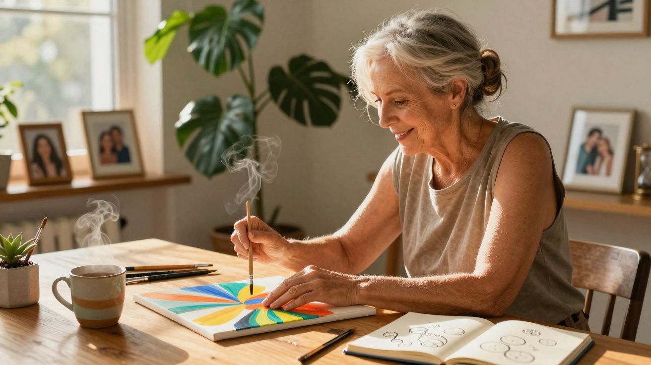 Femme âgée souriante peignant un motif coloré à la table, carnet de croquis et tasse à côté, lumière naturelle.
