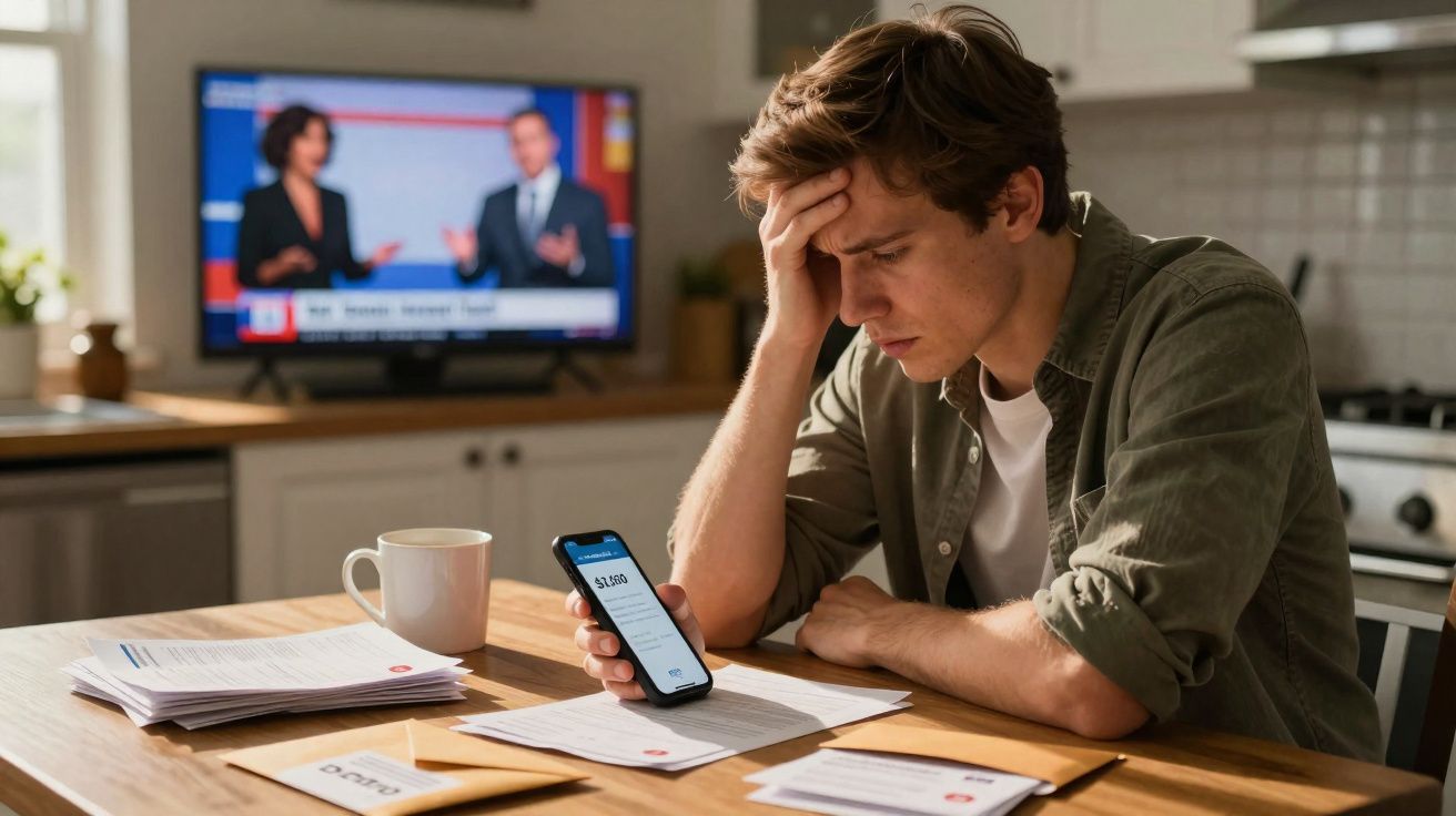 Homme anxieux regardant ses factures et son téléphone à une table, avec une télévision allumée en arrière-plan.