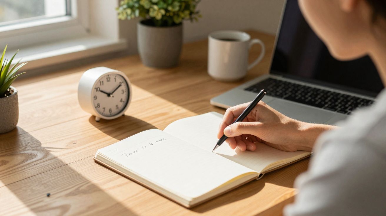 Personne écrivant dans un carnet sur un bureau en bois avec horloge, plantes, tasse et ordinateur portable.