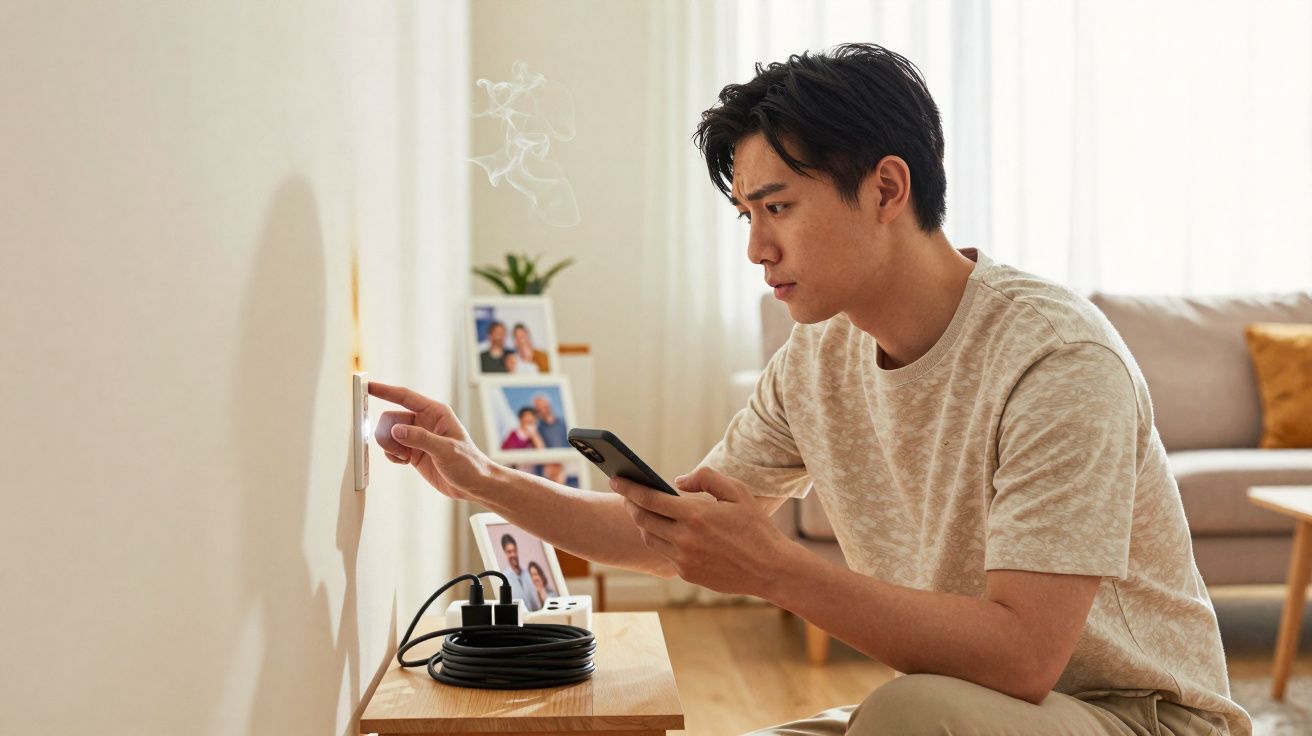 Jeune homme inquiétant touchant une prise électrique en feu dans un salon moderne.