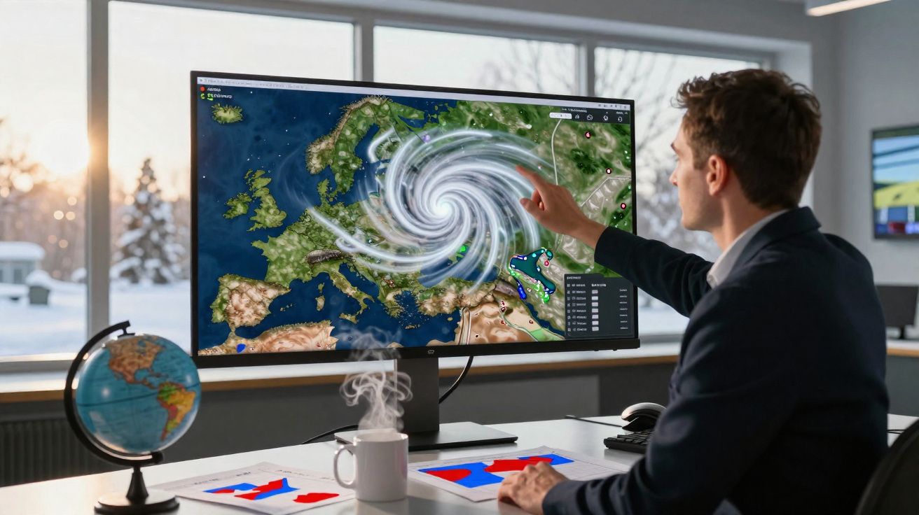 Un homme analyse une carte météorologique numérique montrant un cyclone en Europe dans un bureau moderne.