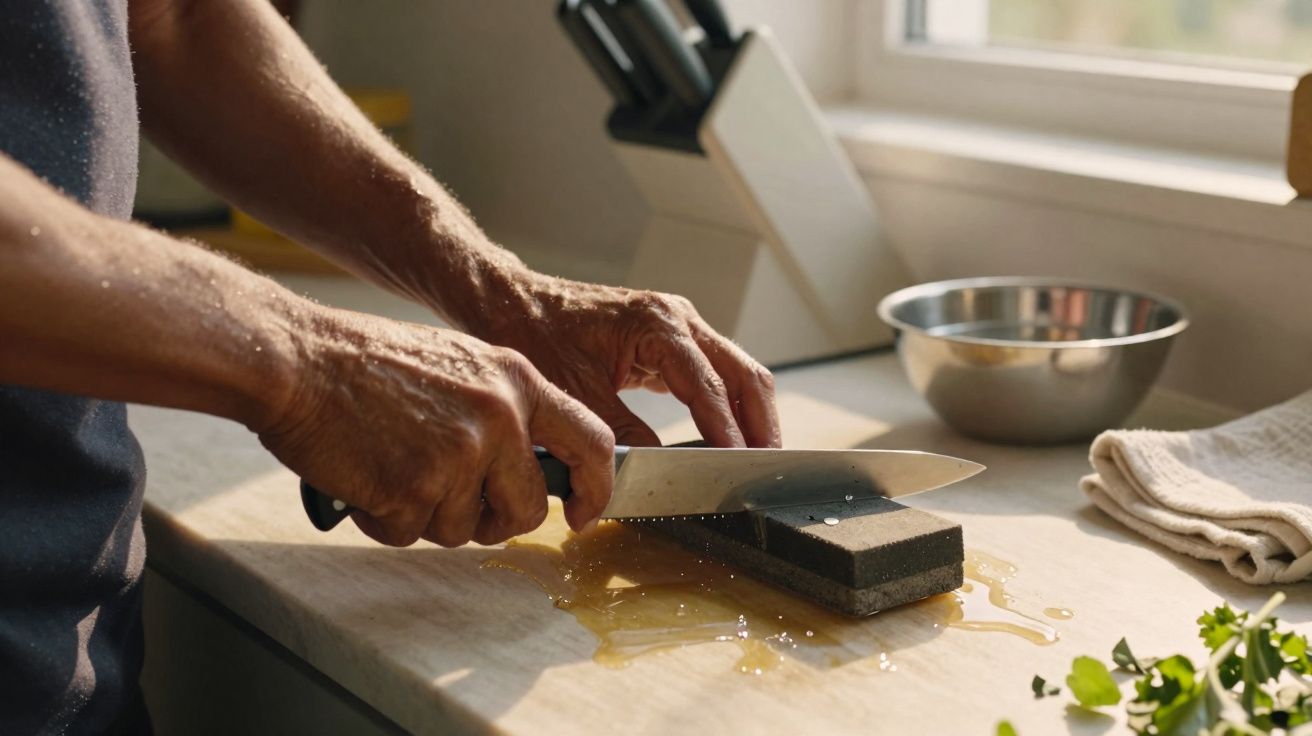 Personne affûtant un couteau sur une pierre à tailler humide sur un plan de travail de cuisine.
