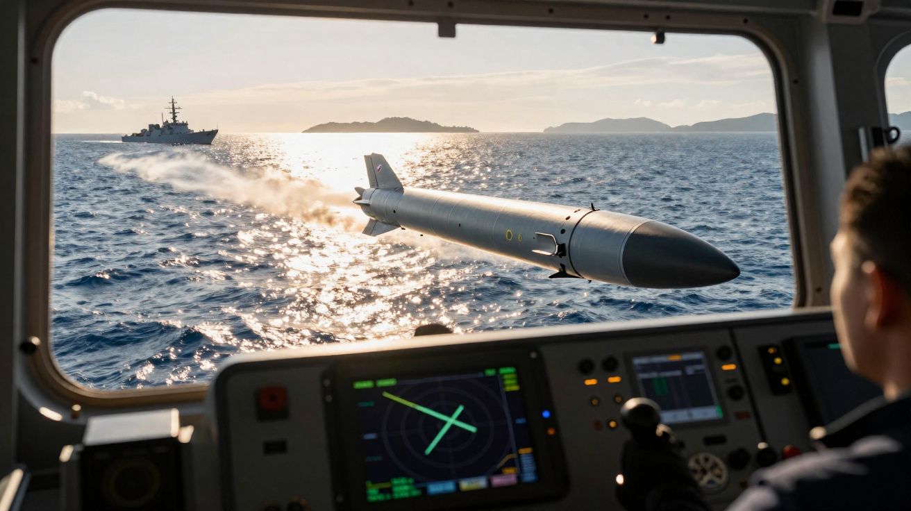 Vue depuis un poste de commande d’un missile en vol vers un navire militaire sur l’océan au coucher du soleil.