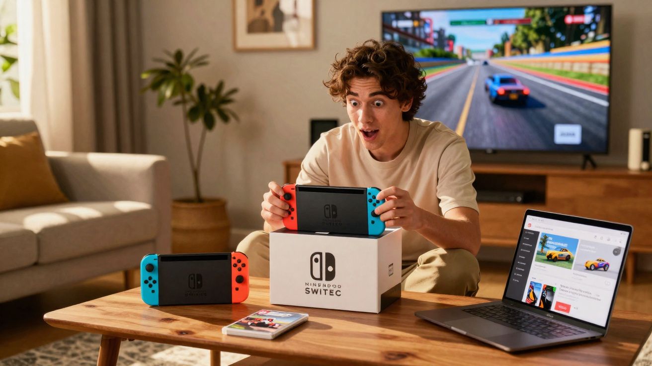 Jeune homme surpris jouant à une console Nintendo Switch dans un salon avec télévision et ordinateur portable.