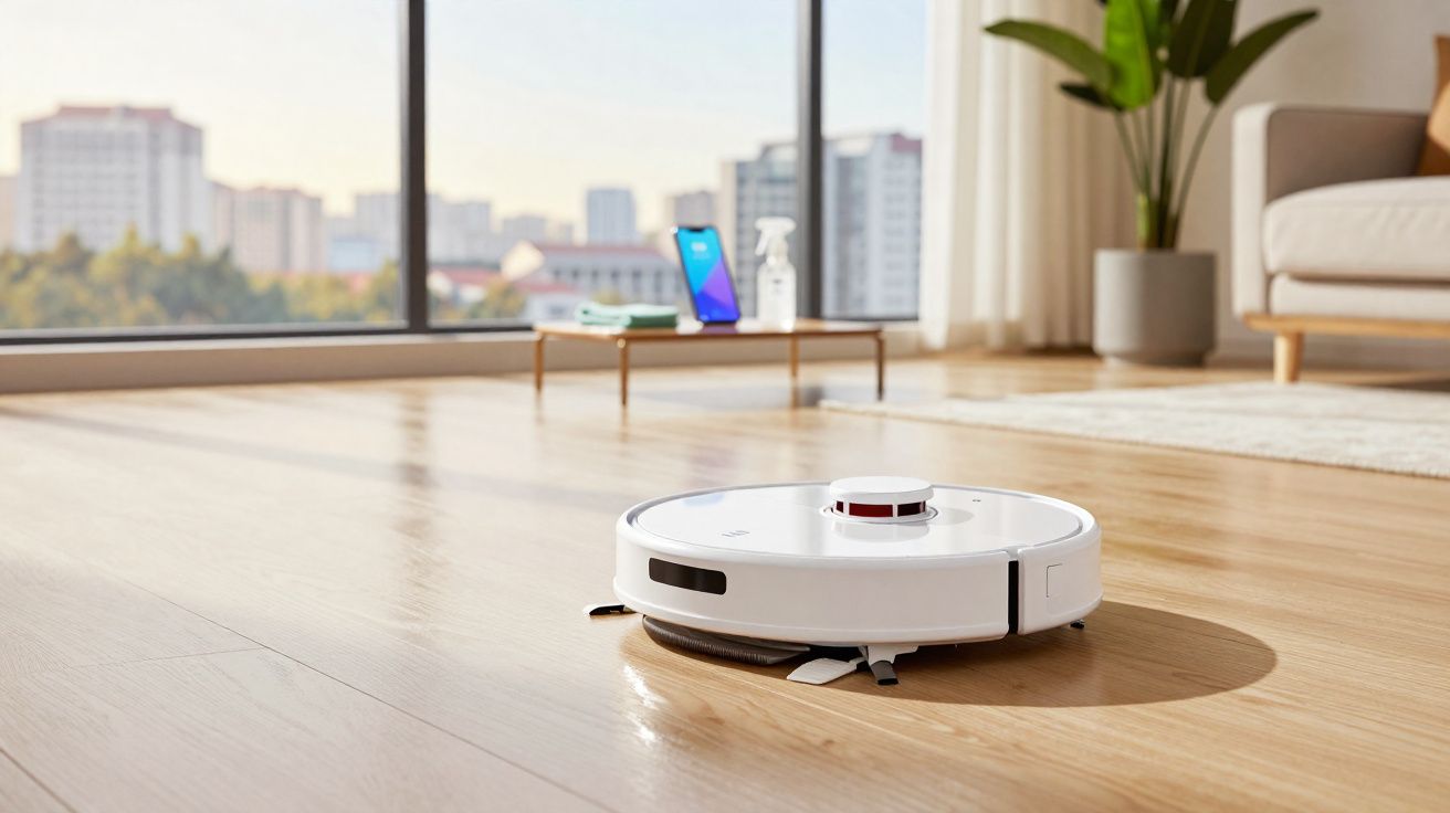 Robot aspirateur blanc en fonctionnement sur un sol en parquet clair dans un salon lumineux avec vue urbaine.