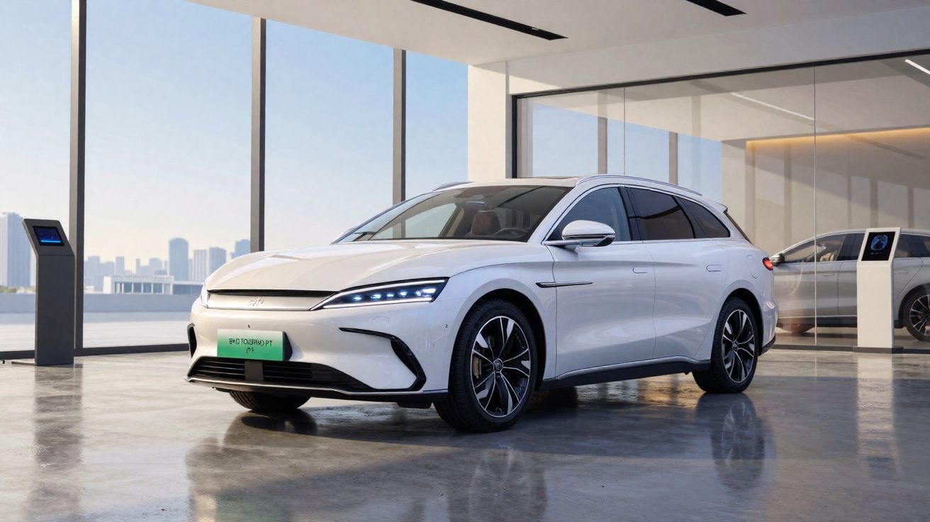 Voiture électrique blanche moderne garée dans un showroom lumineux avec grandes baies vitrées.