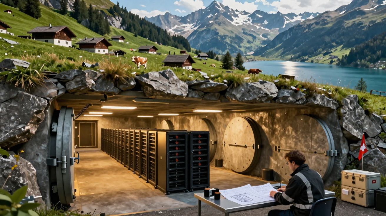 Centre de données souterrain dans une montagne alpine avec des serveurs et un homme travaillant à un bureau.