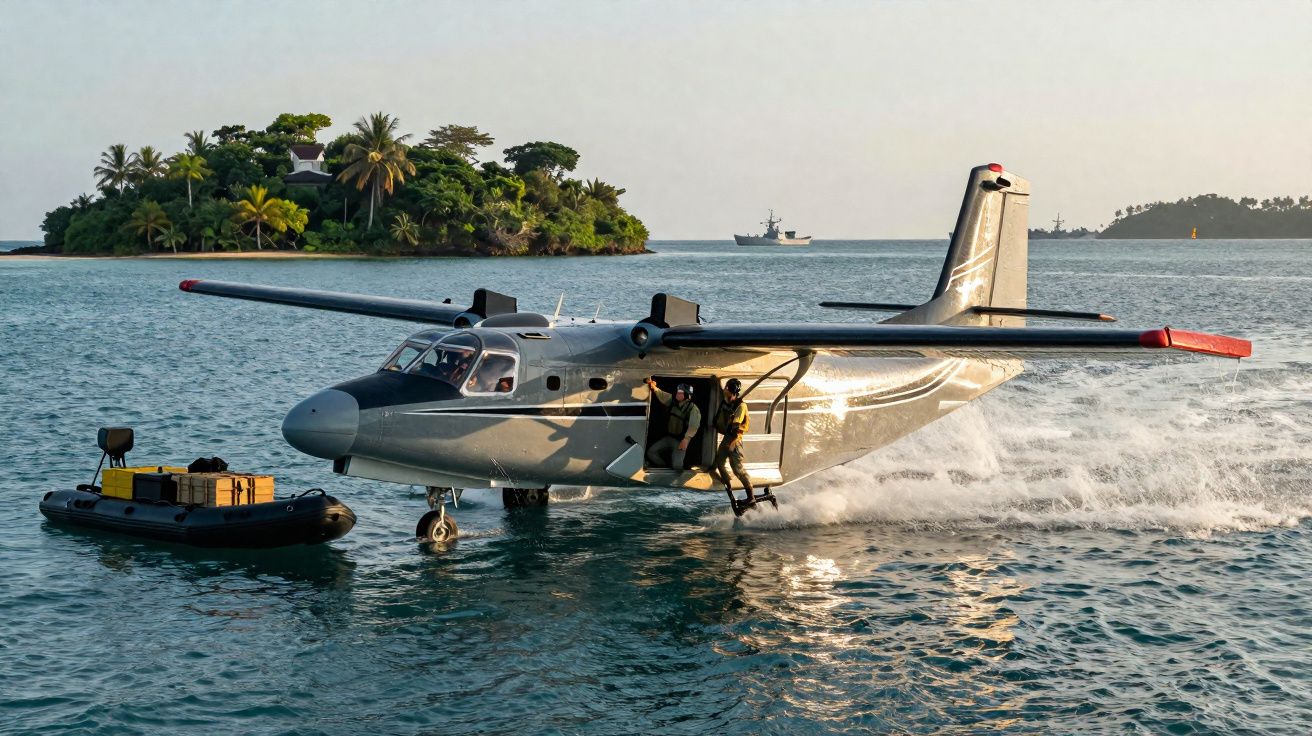 Hydravion gris atterrissant sur l'eau près d'une île tropicale avec deux passagers descendant d'une échelle.