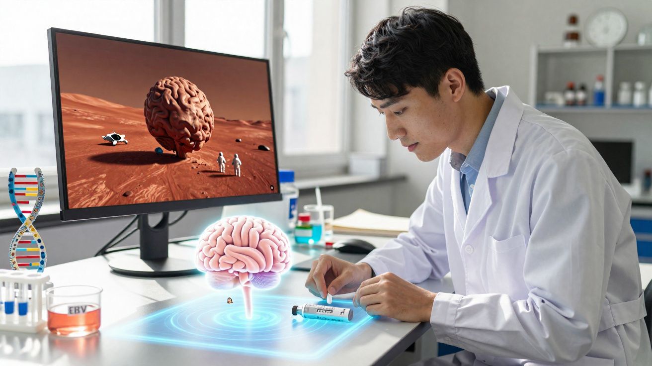 Scientifique en blouse blanche analyse échantillon avec cerveau et ADN en hologramme sur table de laboratoire.