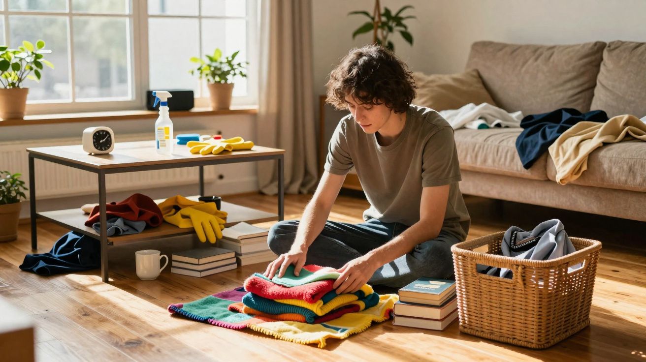 Jeune homme assis au sol plie des vêtements colorés dans un salon lumineux avec canapé et plantes.