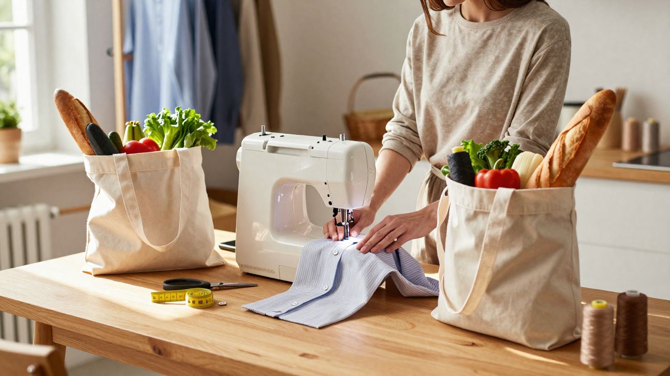 Personne utilisant une machine à coudre sur une chemise bleue avec deux sacs en tissu remplis de légumes et pain français.