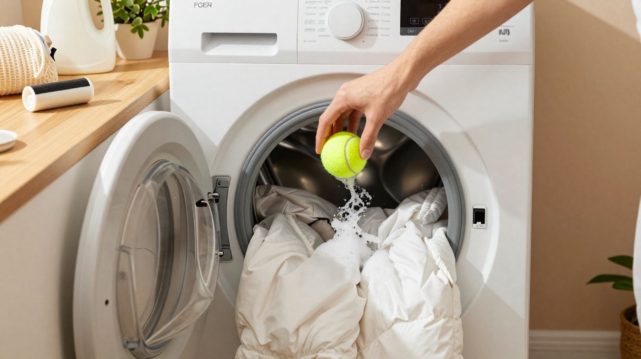 Main tenant une balle de tennis au-dessus d'un lave-linge avec linge blanc et mousse à l'intérieur.