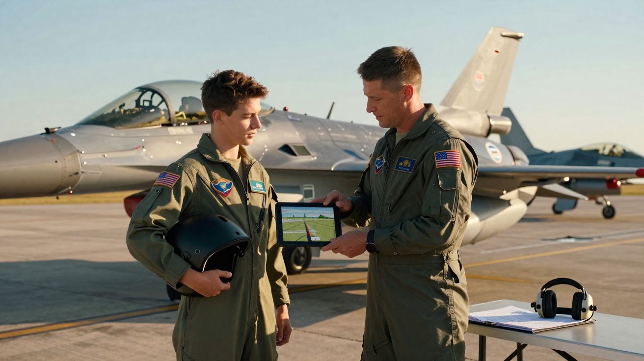 Deux pilotes en uniforme discutent près d'un avion de chasse, l'un montrant une tablette à l'autre.