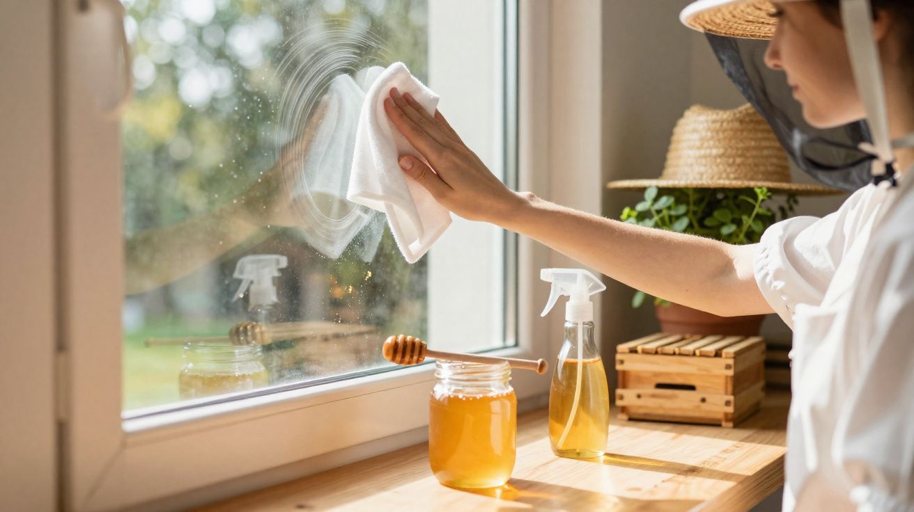 Personne en tenue d’apiculteur nettoyant une fenêtre avec un chiffon, pot de miel et vaporisateur à côté.