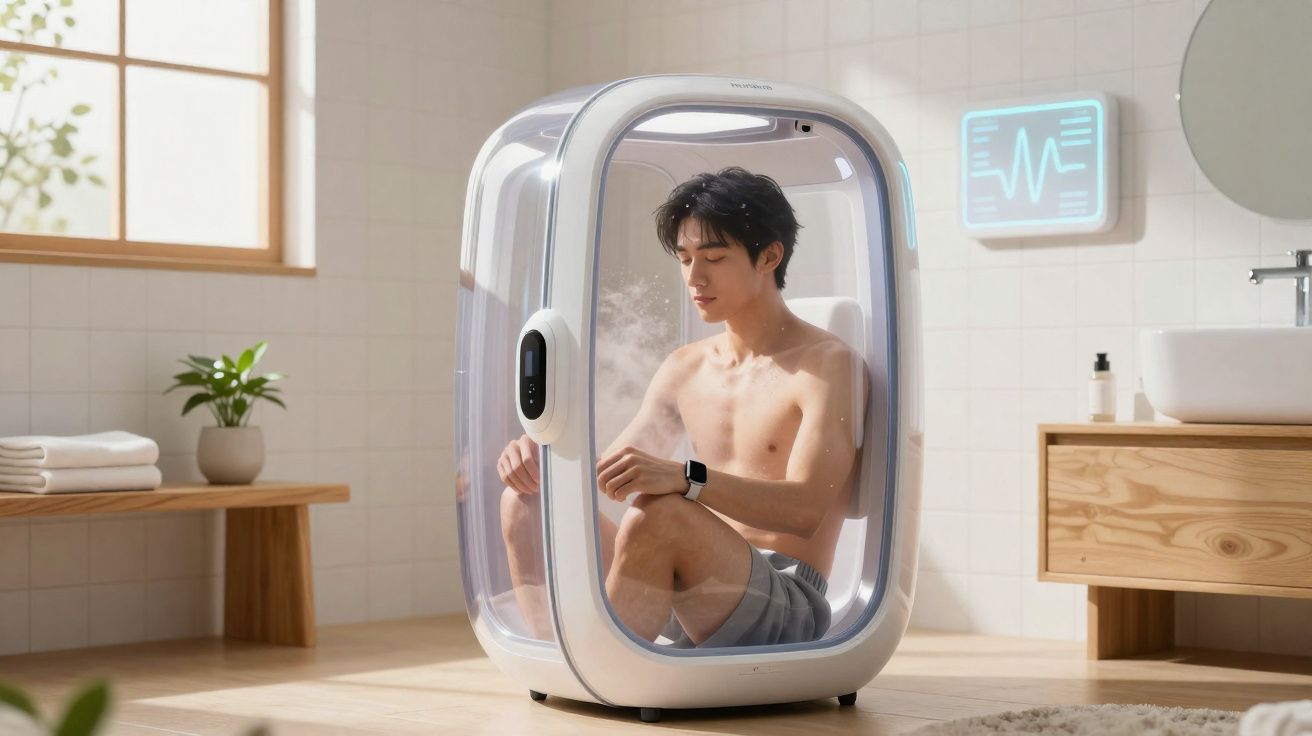 Un homme assis en short dans une cabine de sauna vapeur moderne et transparente dans une salle de bain.