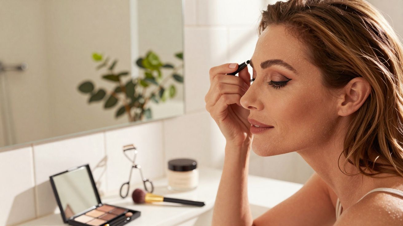 Femme appliquant du maquillage aux sourcils devant un miroir dans une salle de bain lumineuse.