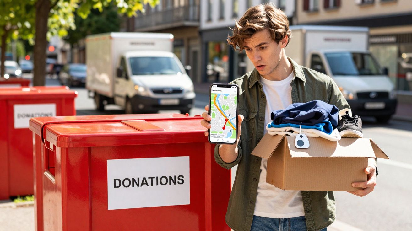 Jeune homme tenant un carton de vêtements devant un container rouge de dons, montrant un itinéraire sur son téléphone.