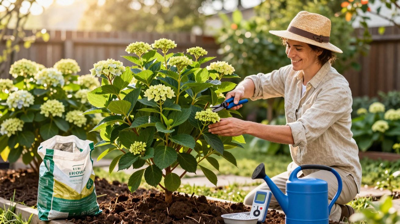 Femme souriante taillant une plante en potager, entourée d’arrosoir, engrais et outils de jardinage.