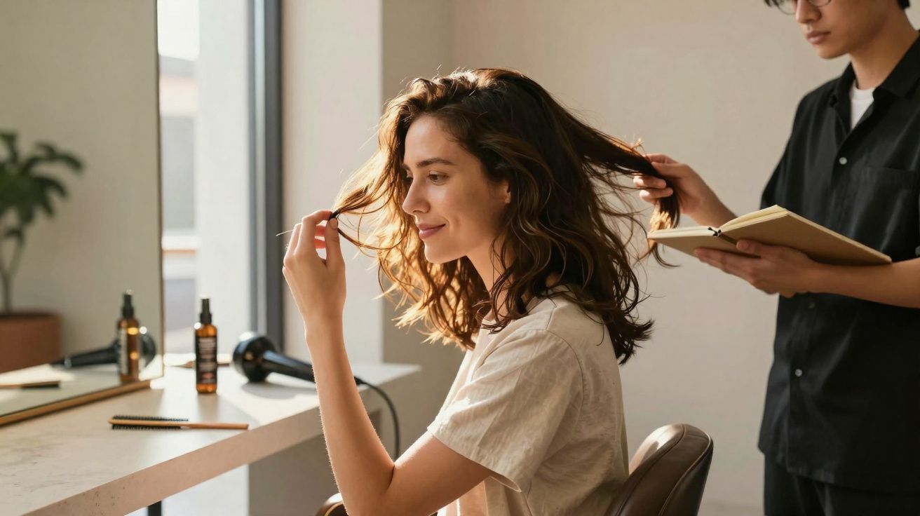 Femme souriante assise chez le coiffeur, cheveux mi-longs examinés par un styliste avec un carnet.