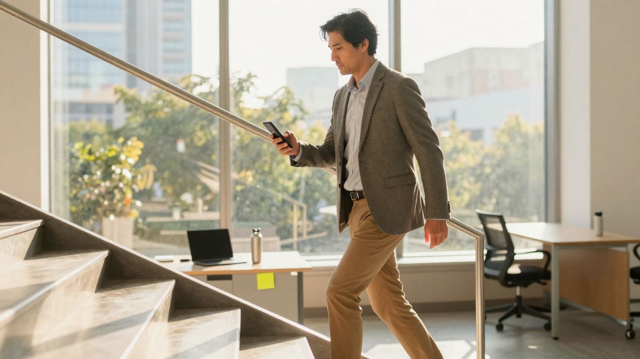 Homme en tenue professionnelle montant des escaliers dans un bureau lumineux en regardant son téléphone portable.