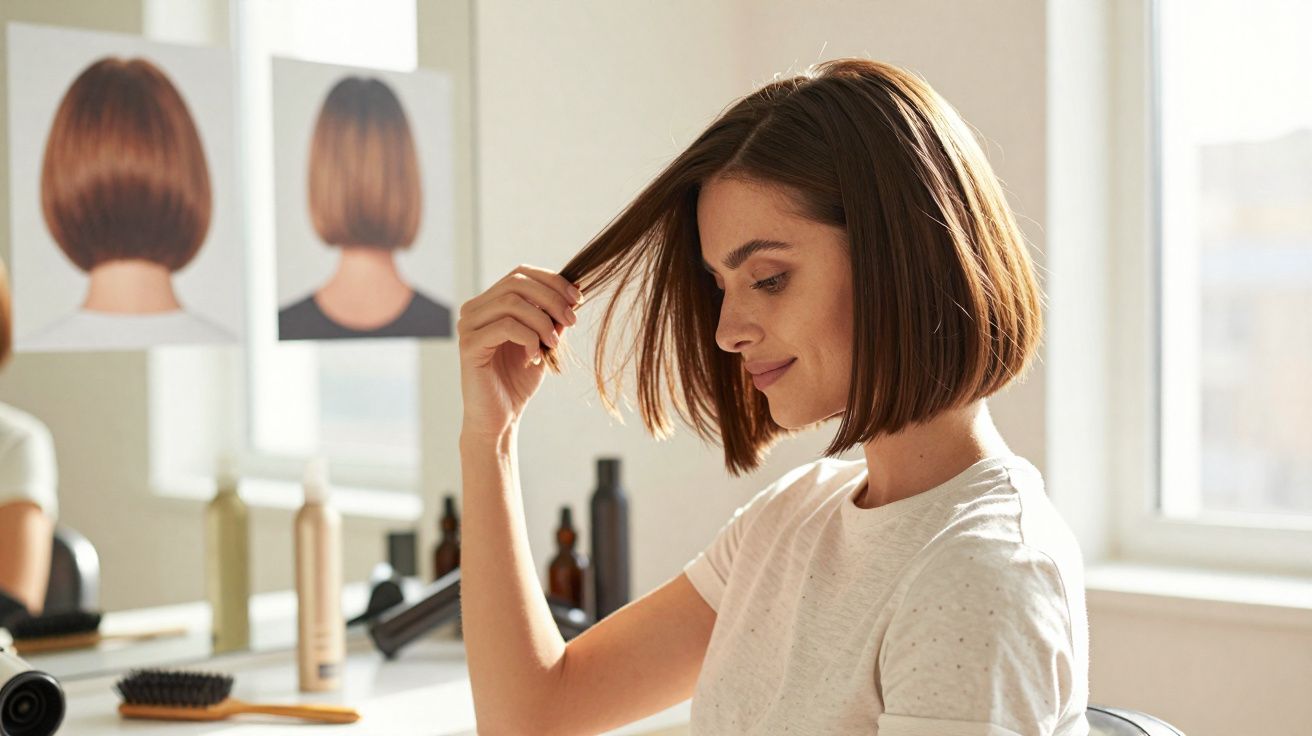 Femme souriante touchant sa coupe au carré devant un miroir dans un salon de coiffure lumineux.