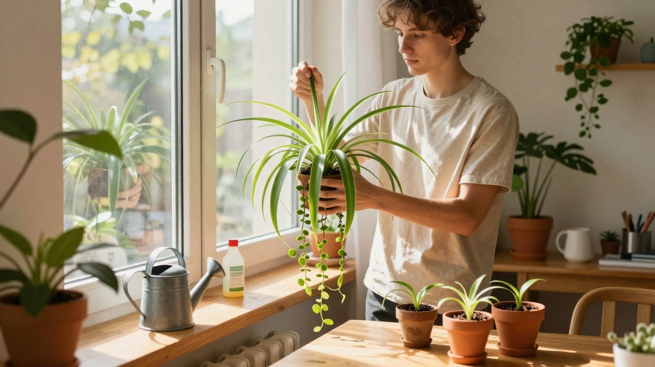 Jeune homme prenant soin d'une plante verte dans une pièce lumineuse avec plusieurs pots autour.
