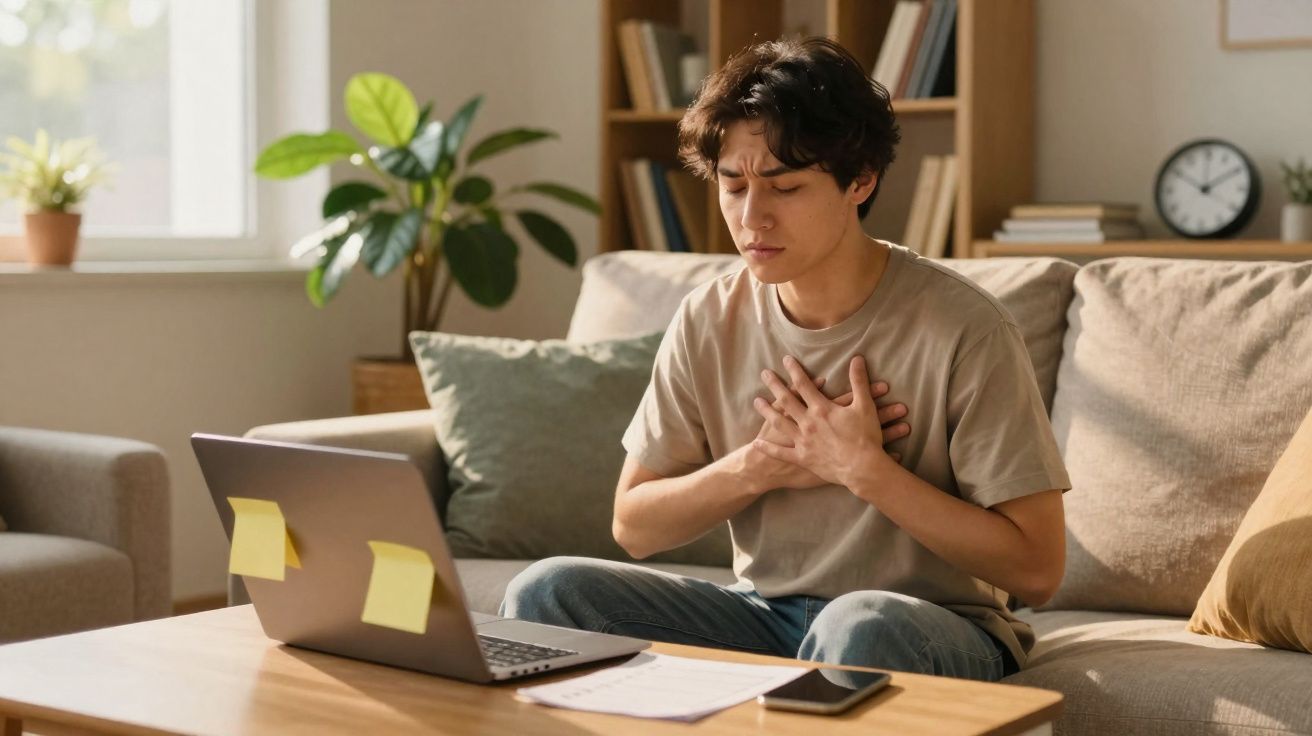 Jeune homme assis sur un canapé, tenant sa poitrine, semblant avoir des douleurs devant un ordinateur portable.