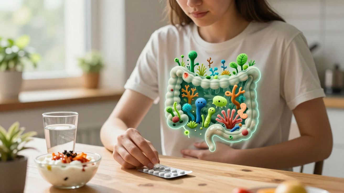 Femme tenant des comprimés avec illustration colorée des microbes intestinaux sur le ventre.