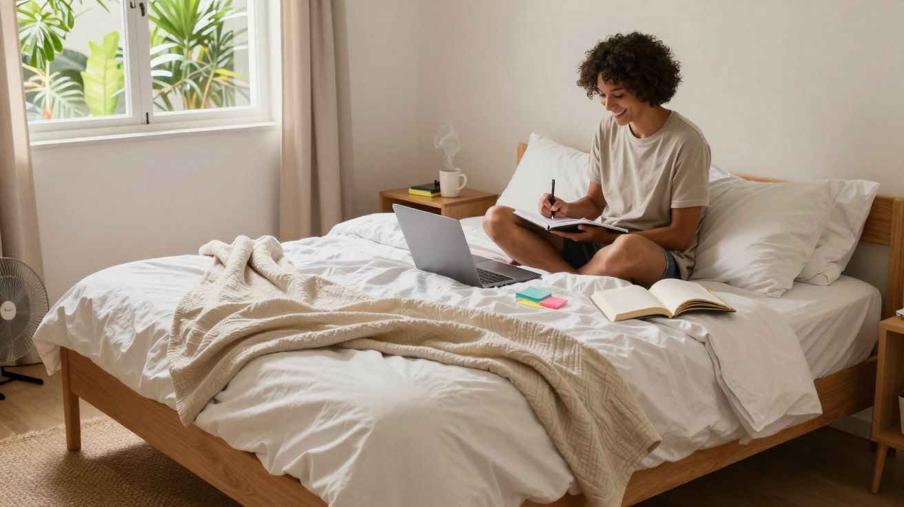 Jeune femme assise sur un lit, souriante, écrivant dans un carnet avec un ordinateur portable et livres ouverts devant elle.