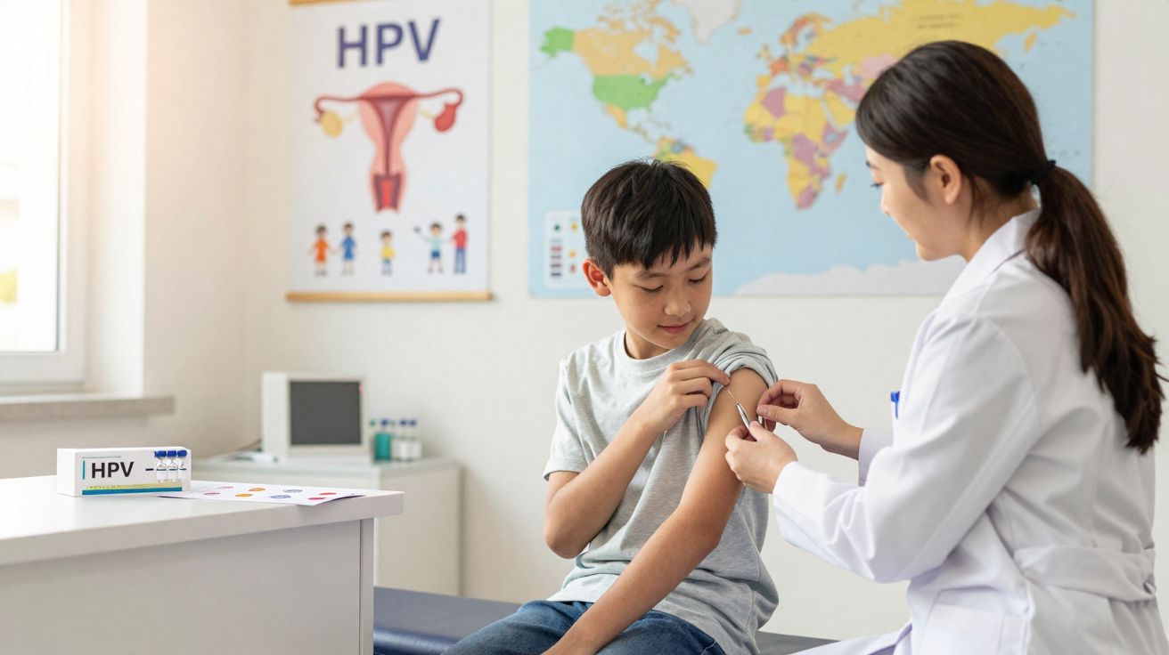 Une infirmière vaccine un garçon assis dans une salle de consultation avec une affiche HPV en arrière-plan.