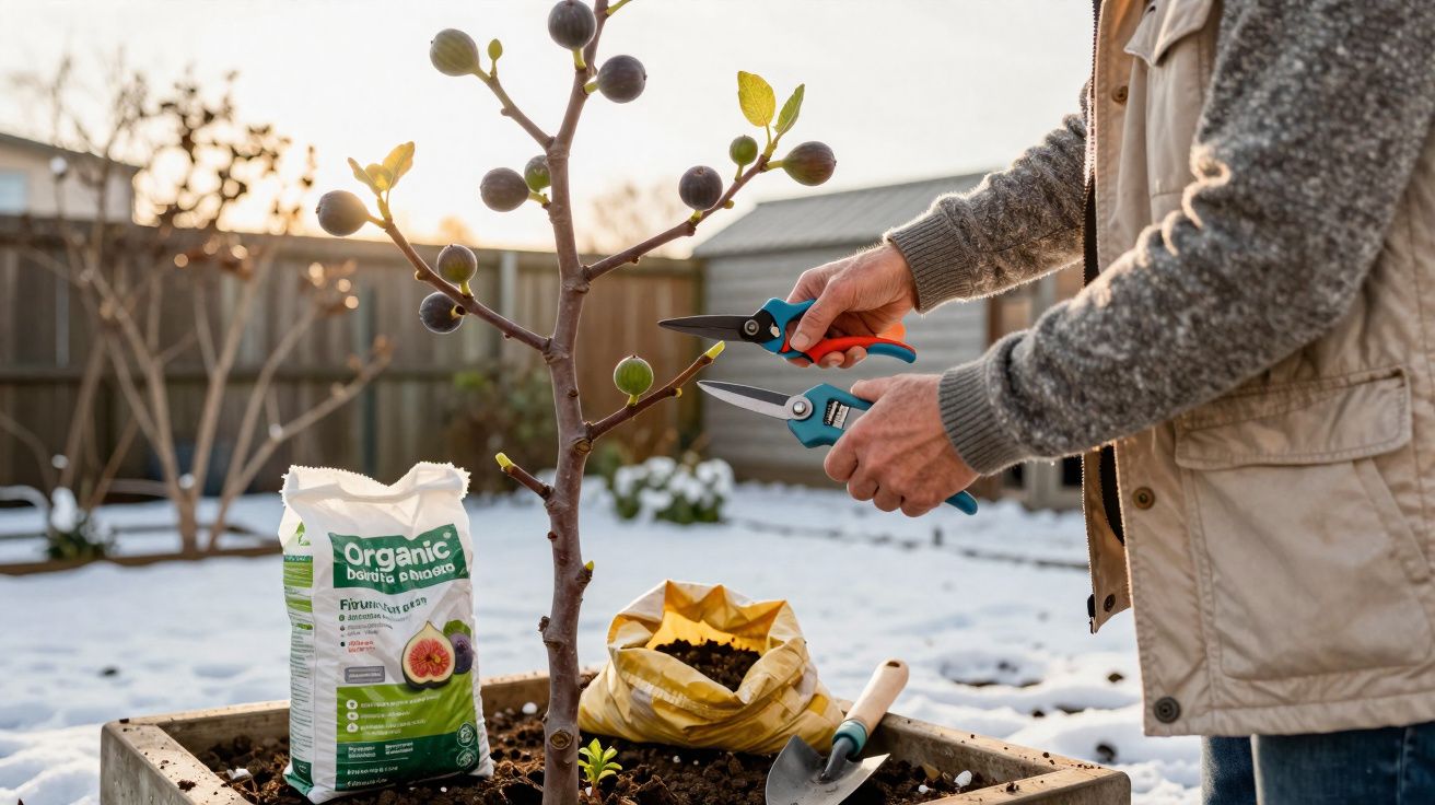 Main taillant un figuier en pot avec un sécateur, neige et engrais bio en arrière-plan.