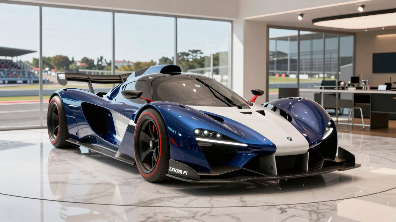 Voiture de course futuriste bleue et blanche avec aileron arrière exposée dans un showroom moderne.