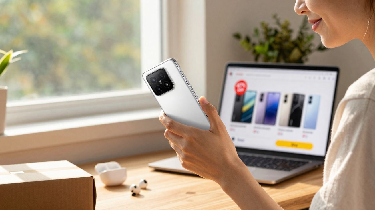 Femme tenant un smartphone blanc devant un ordinateur portable affichant une page d’achat de téléphones.