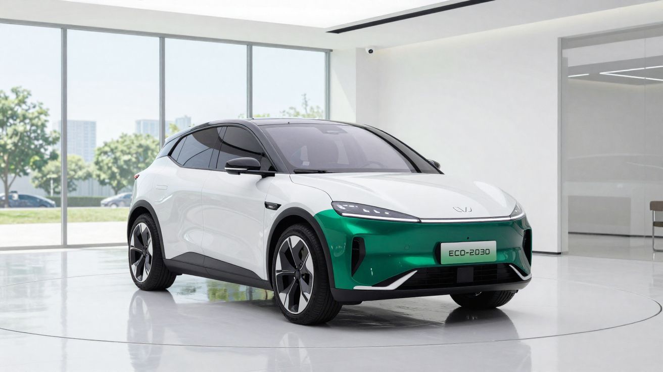 Voiture électrique compacte blanche et verte exposée dans un showroom lumineux et moderne.