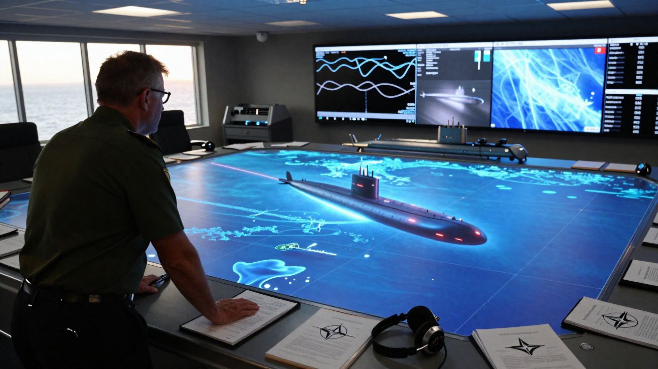 Homme en uniforme observant une table de commande numérique avec un sous-marin modélisé en 3D.