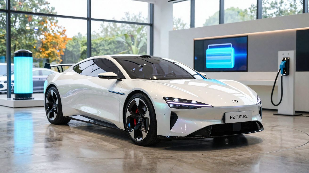 Voiture électrique sportive blanche H2 Future exposée en intérieur près d’une borne de recharge.