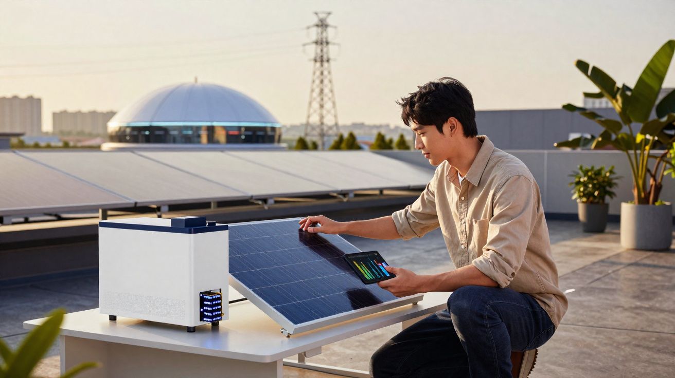 Homme ajustant un panneau solaire sur une terrasse avec un appareil de mesure à la main au coucher du soleil.