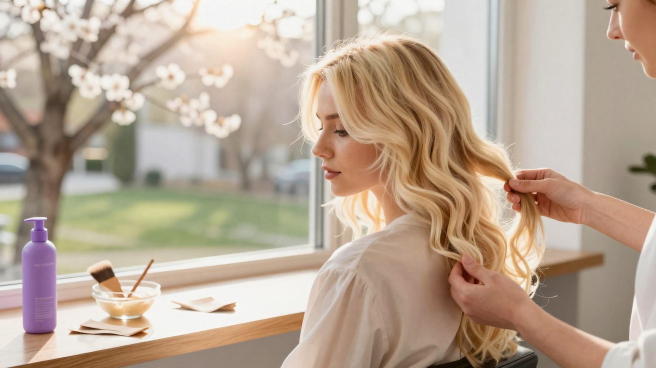 Une coiffeuse admire les longueurs ondulées des cheveux blonds d'une cliente près d'une fenêtre illuminée.