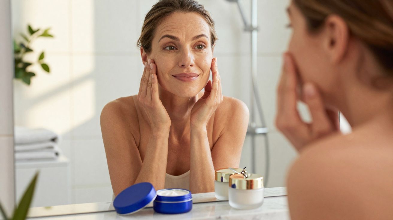 Femme souriante appliquant une crème visage devant un miroir dans une salle de bain lumineuse.